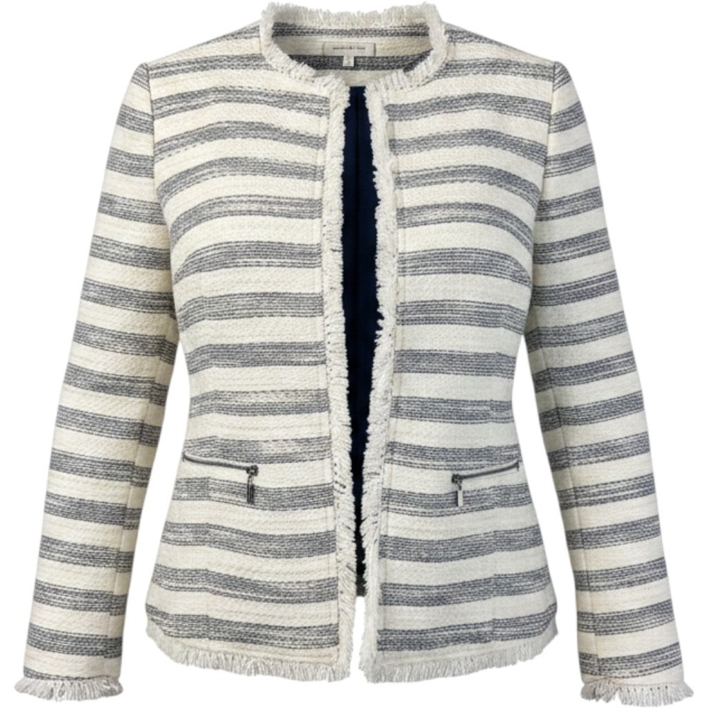 Willow & Clay Striped Tweed Fringe Open Jacket Navy Ivory Size M Zipper Detail
